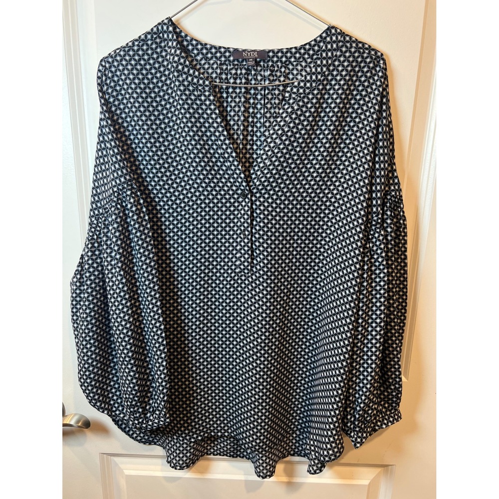 NYDJ Womens Blouse Geometric Print Balloon Sleeve Blue White Size M